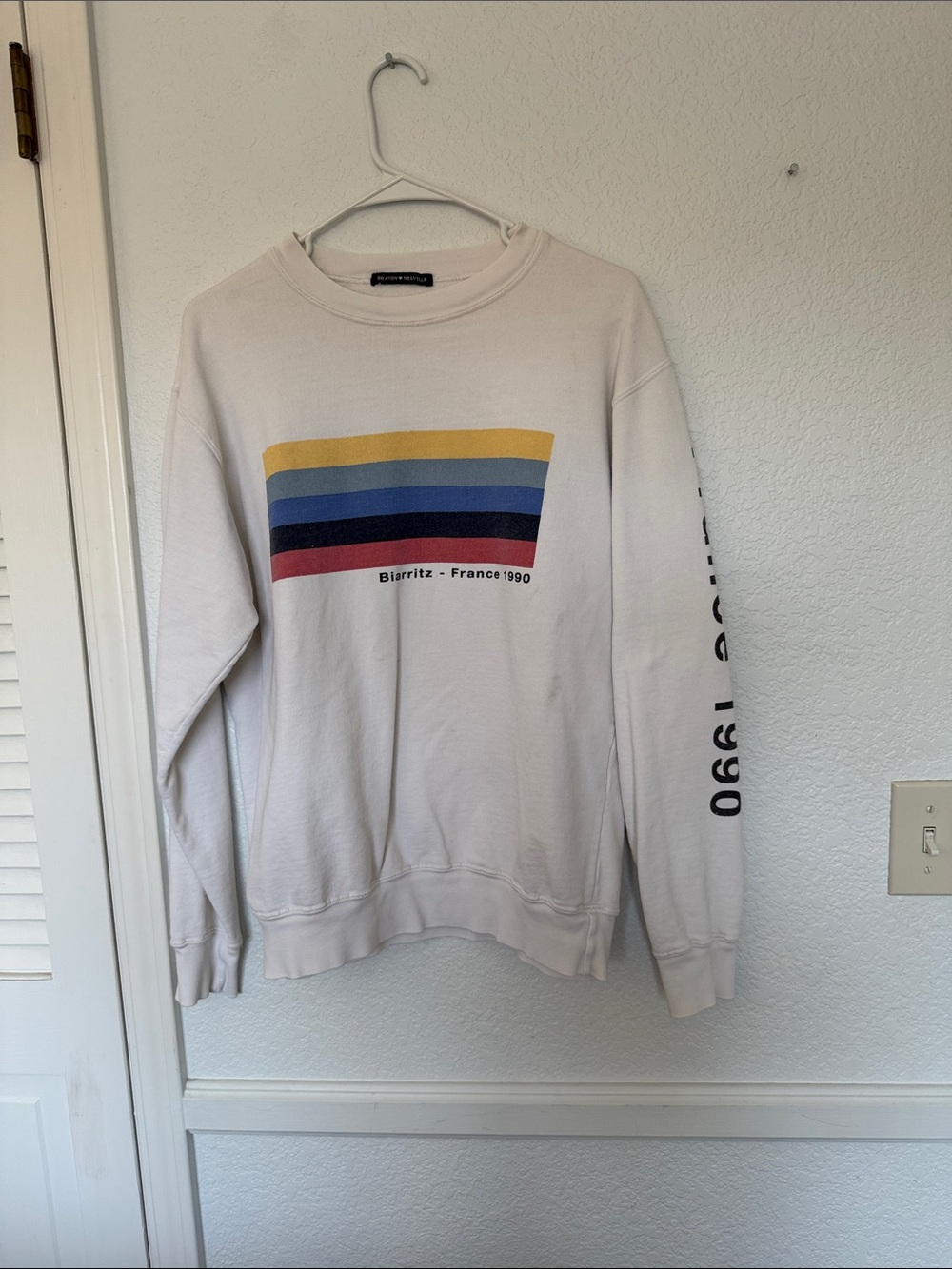 Brandy Melville Cream Crewneck Sweatshirt with Yellow Blue Navy and Red Stripes